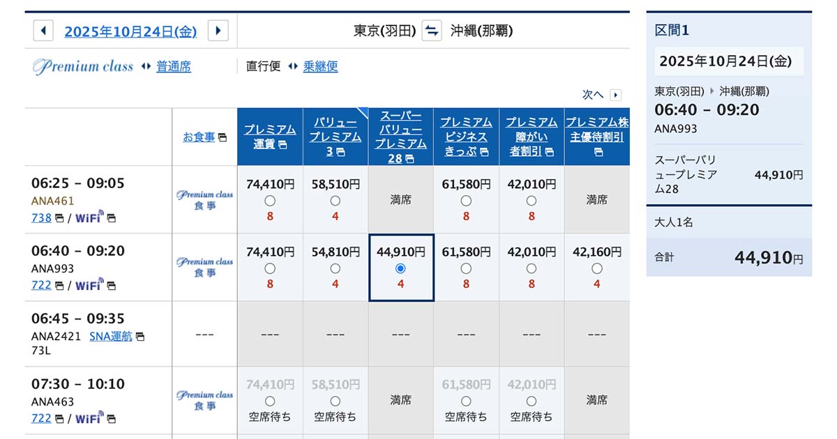 ANAプレミアムクラス：羽田-那覇の運賃例2